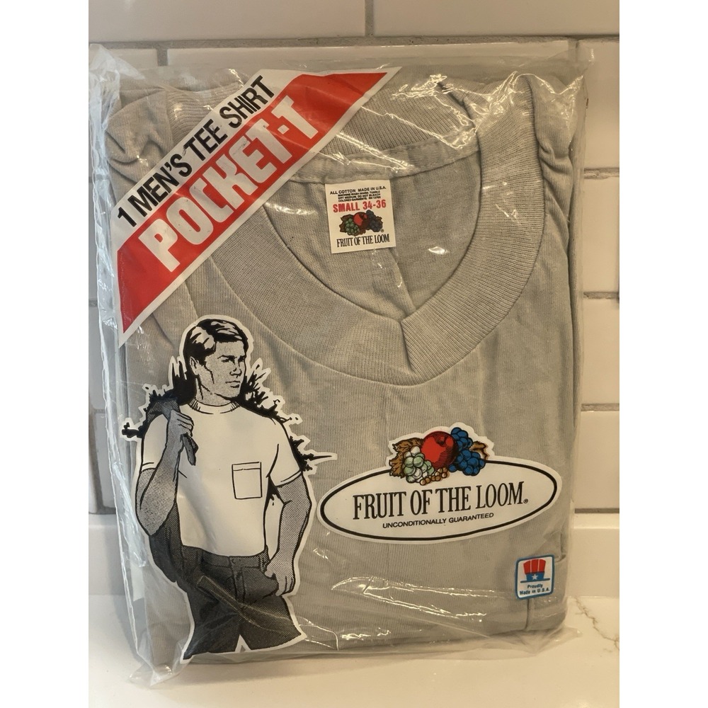 Vintage Fruit of the Loom Pocket T Shirt Men Small V-neck Gray 1 Pack 1984 New